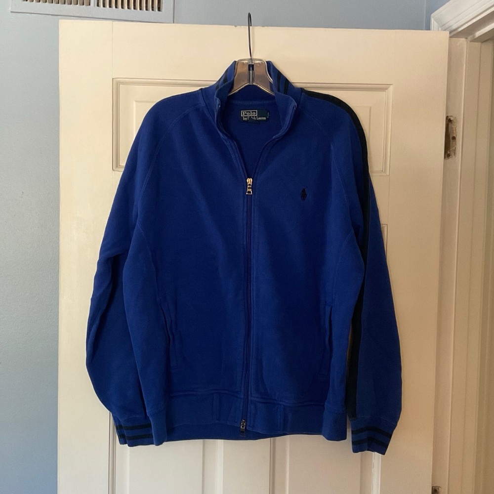 Polo Ralph Lauren Full Double Zip Sweater Jacket Blue Black Pony Logo Mens L